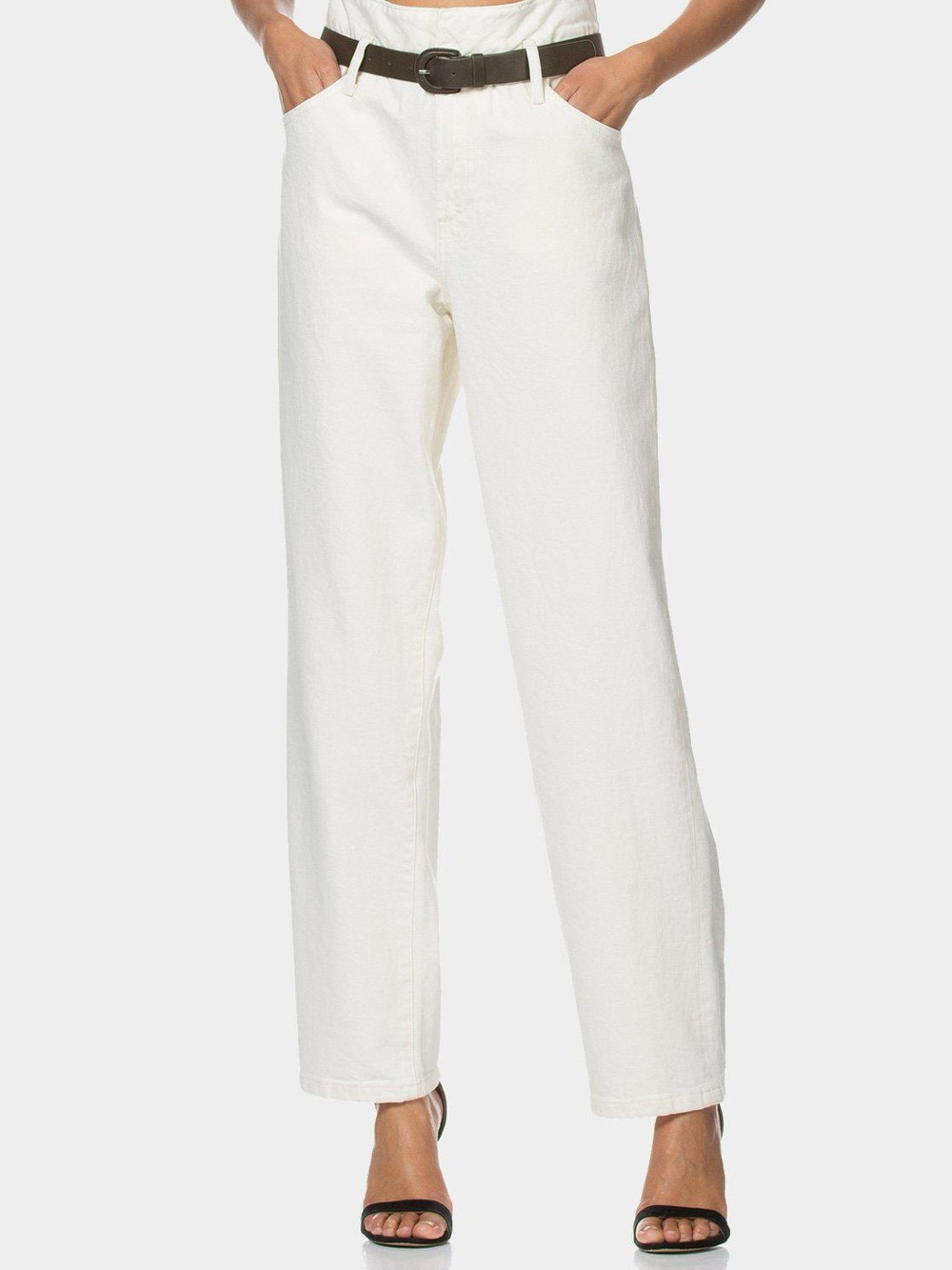 White Wide-Leg High-Waist Jeans with Belt NEW